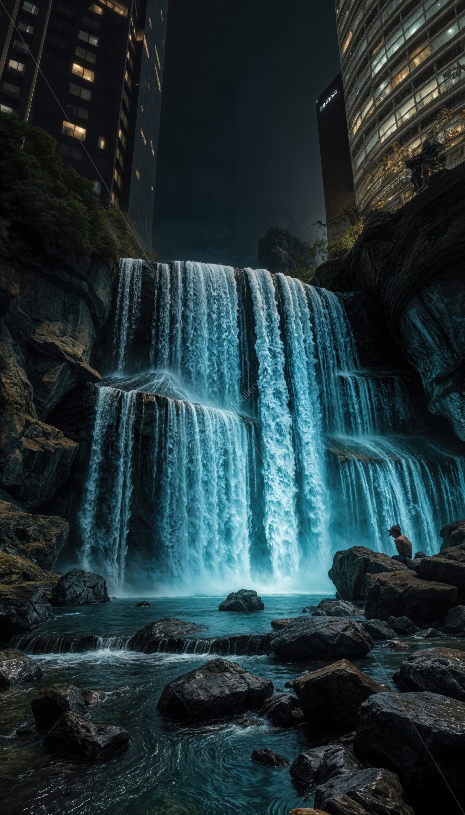 Urban waterfall illuminated at night with neon hues cascading in the cityscape