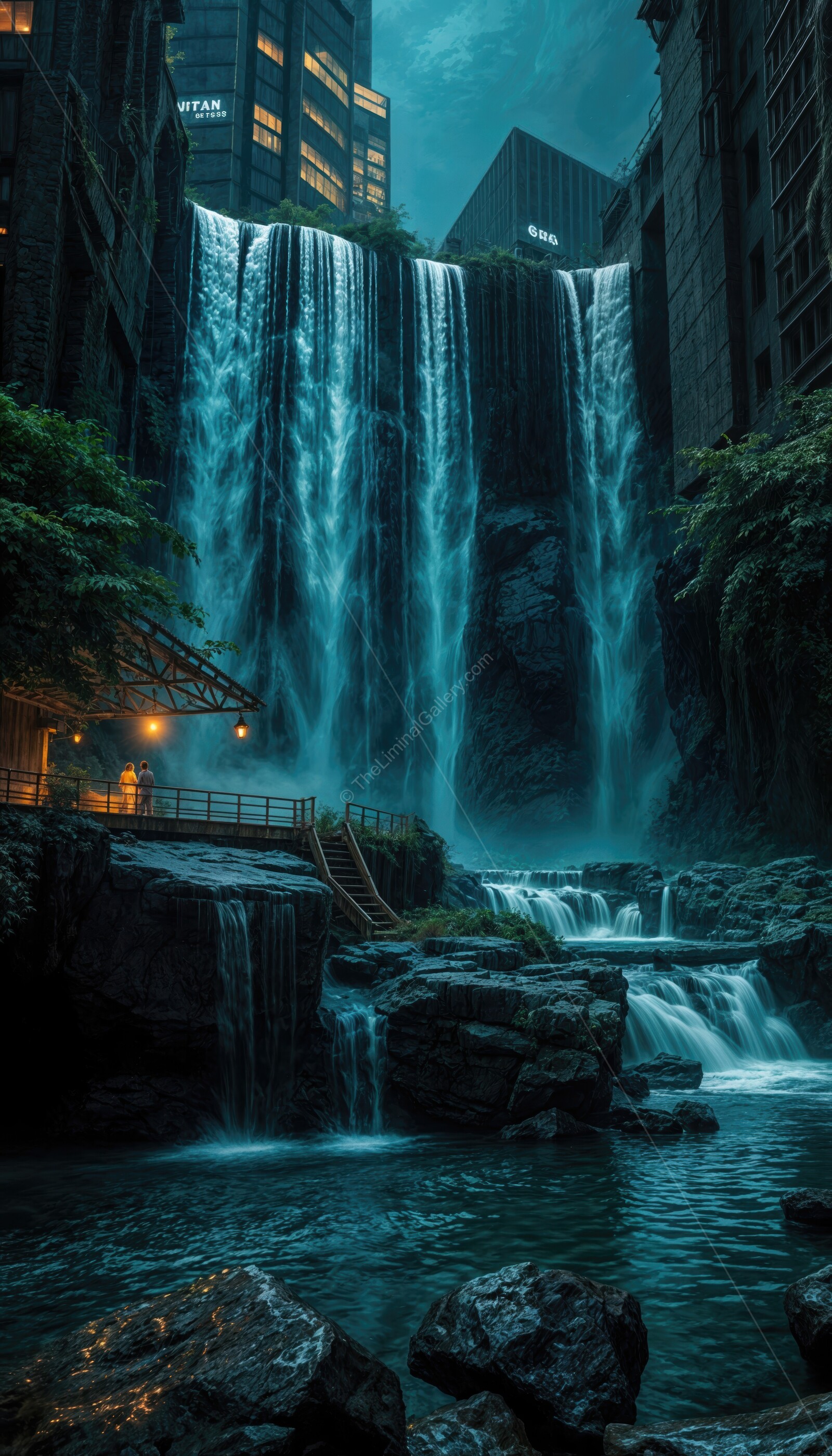 Urban waterfall illuminates a tranquil evening with soothing sounds of rushing water