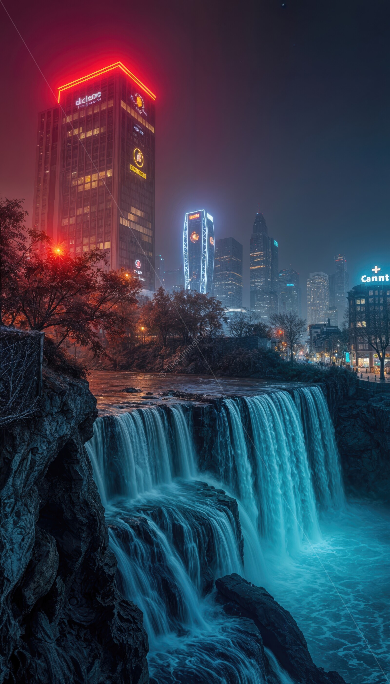 Urban waterfall glows under city lights creating a mesmerizing night view