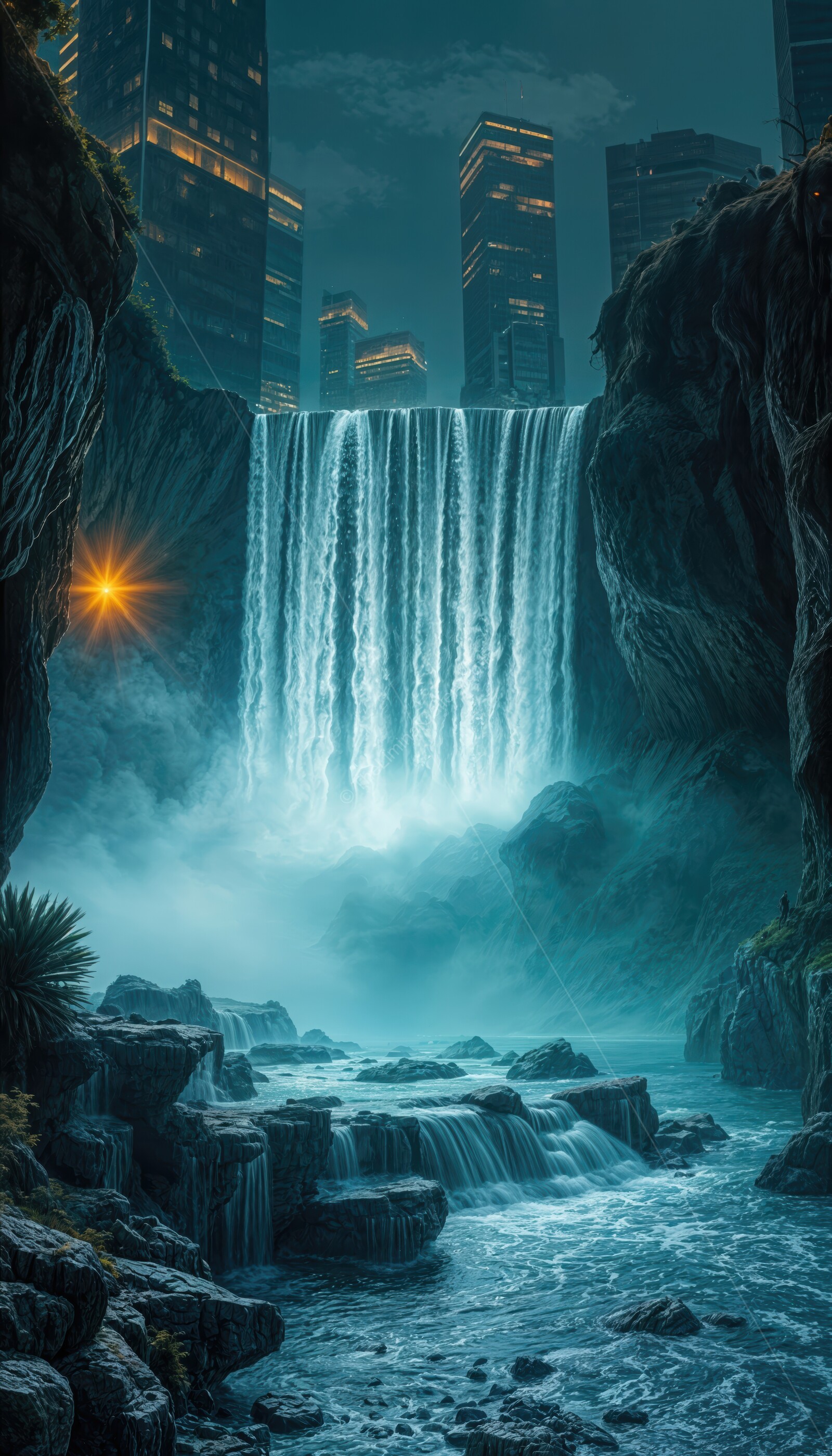 Urban waterfall cascading through a city landscape at twilight with glowing lights