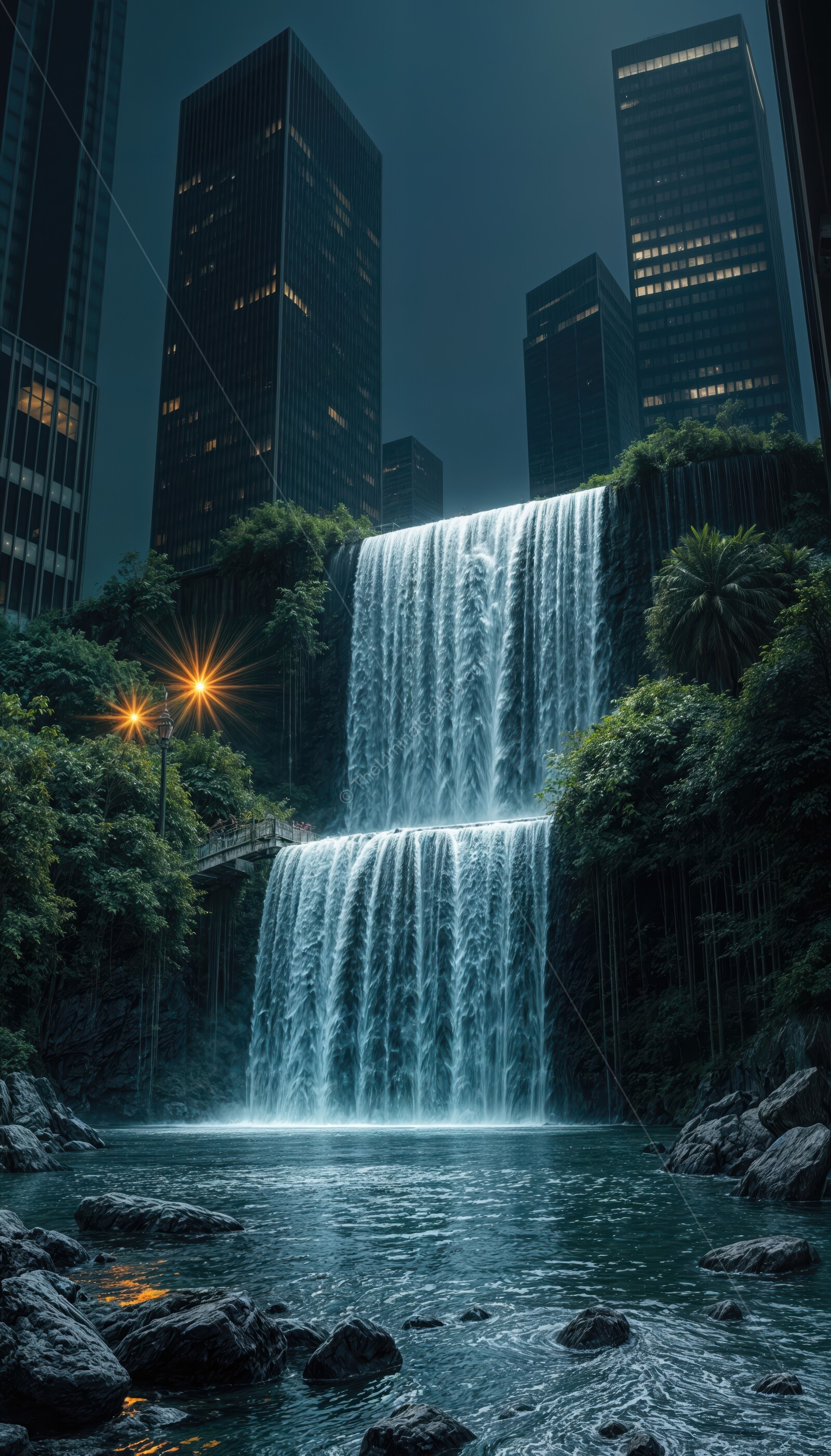 Urban waterfall illuminated by city lights creates a serene night oasis
