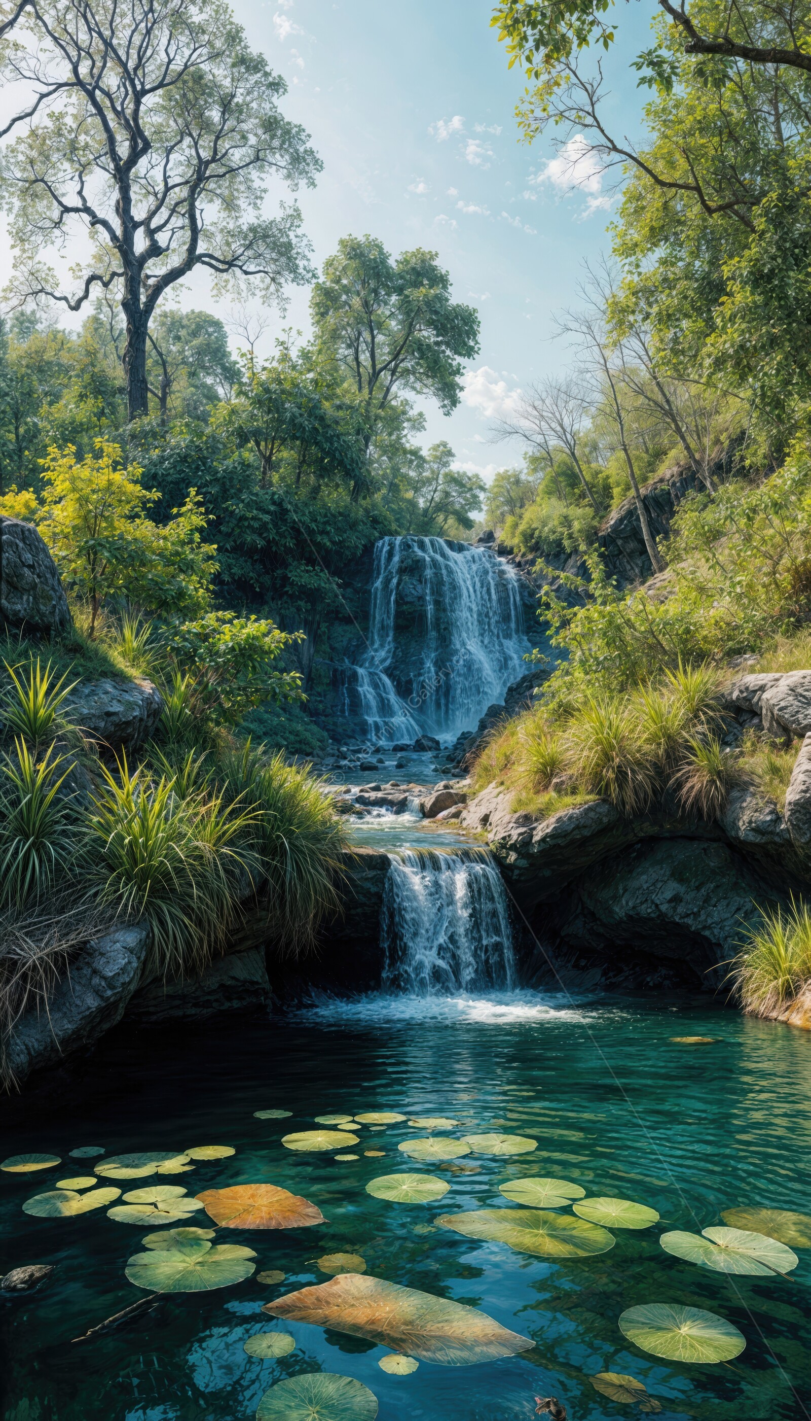 Breathtaking waterfall cascades through lush wetlands under a clear blue sky at midday