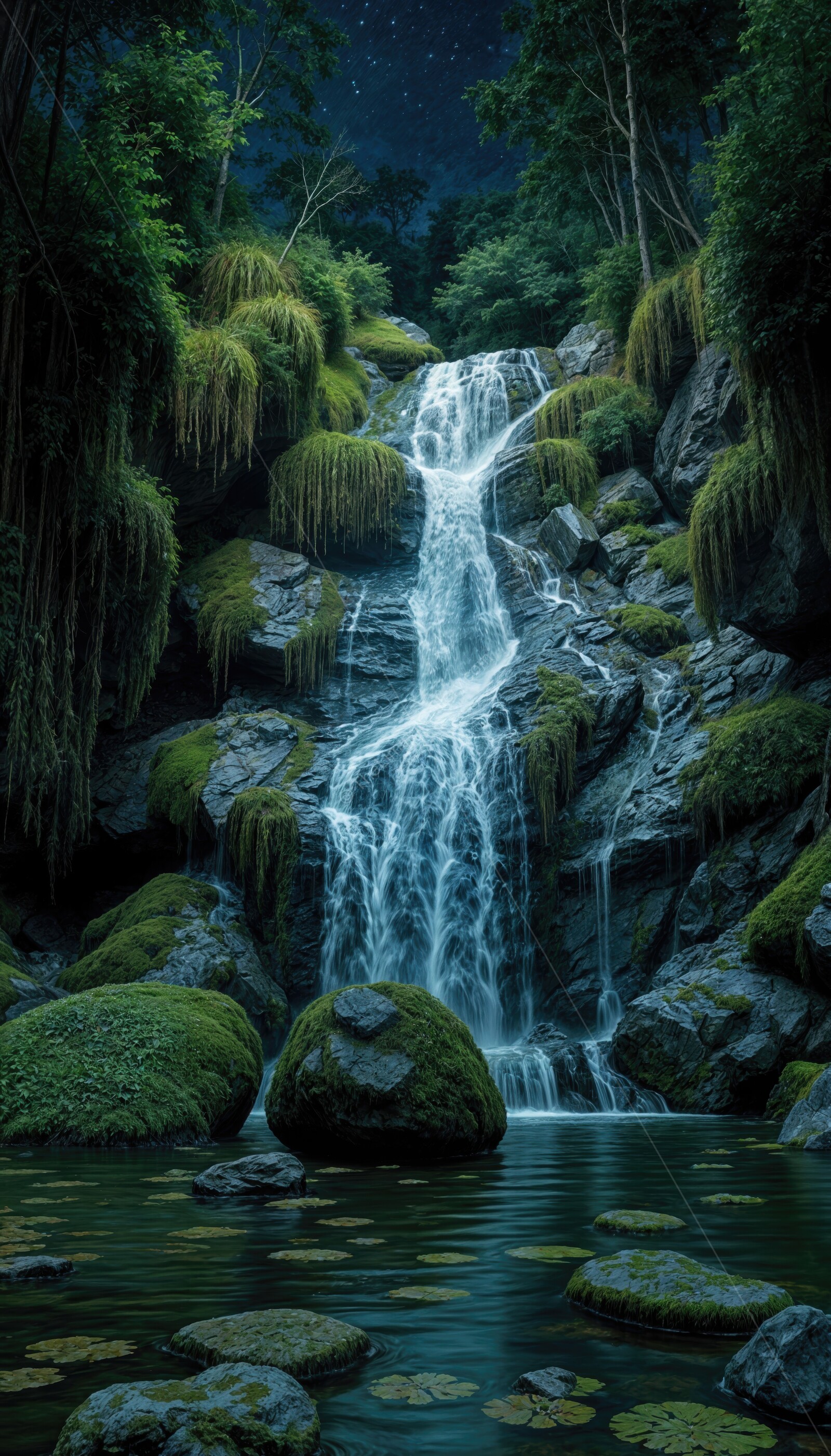 Majestic waterfall cascading through lush wetlands, embraced by nature's vibrant greens at twilight
