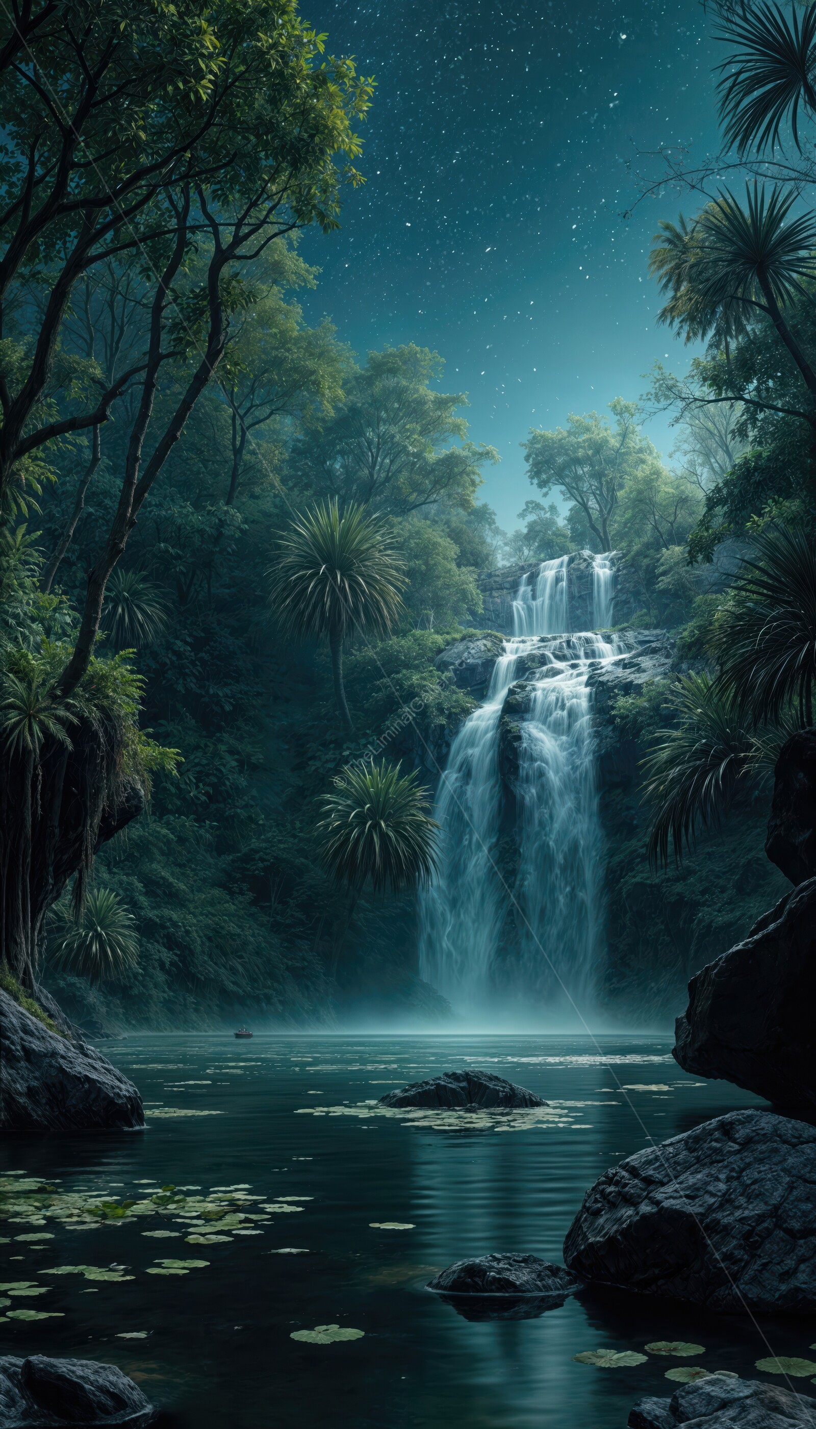 Experience the serene beauty of a moonlit waterfall in tranquil wetlands surrounded by lush green foliage