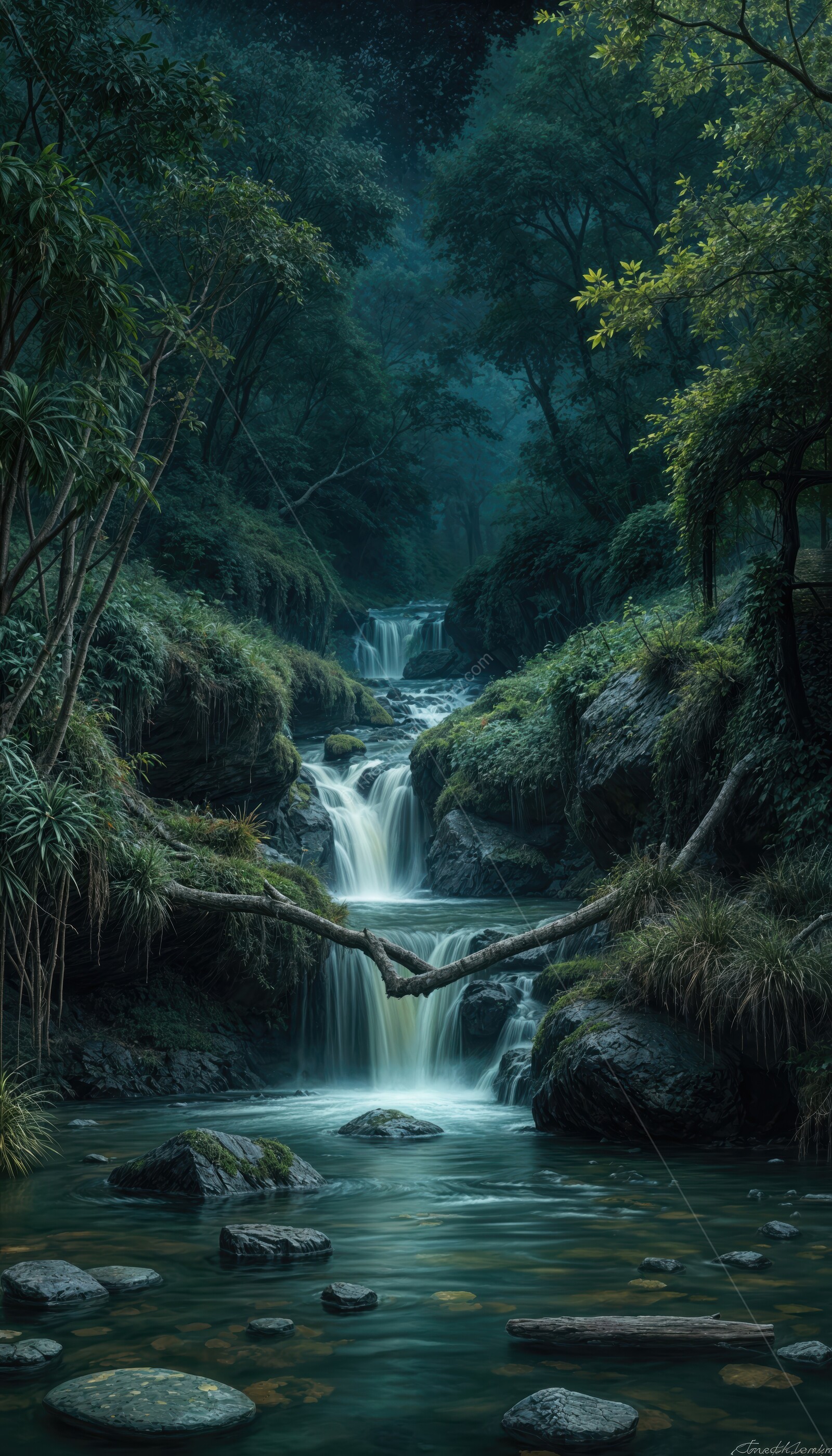 Serene waterfall cascading through wetlands at twilight, creating a magical atmosphere