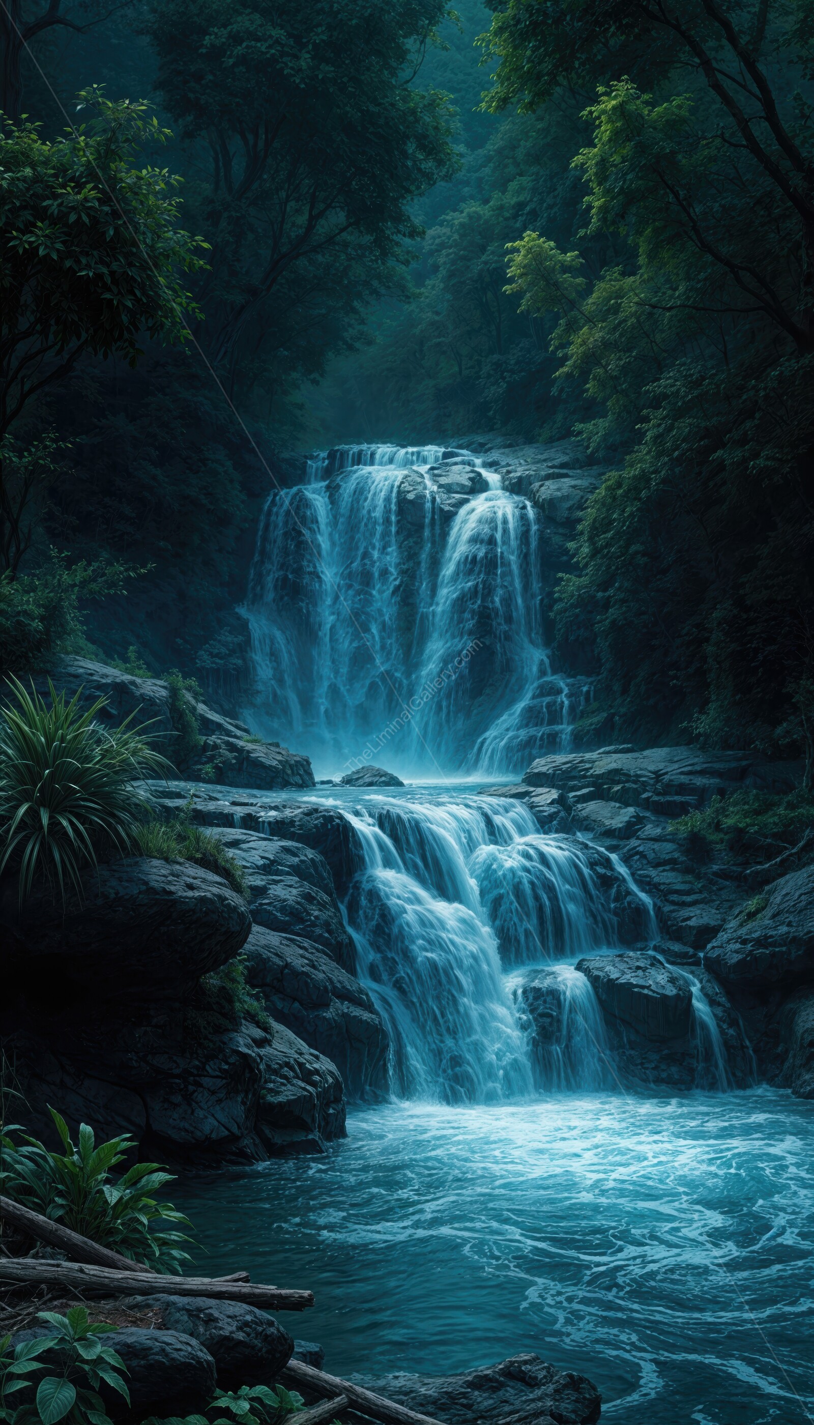 Captivating waterfall cascades through lush wetlands under a serene twilight sky