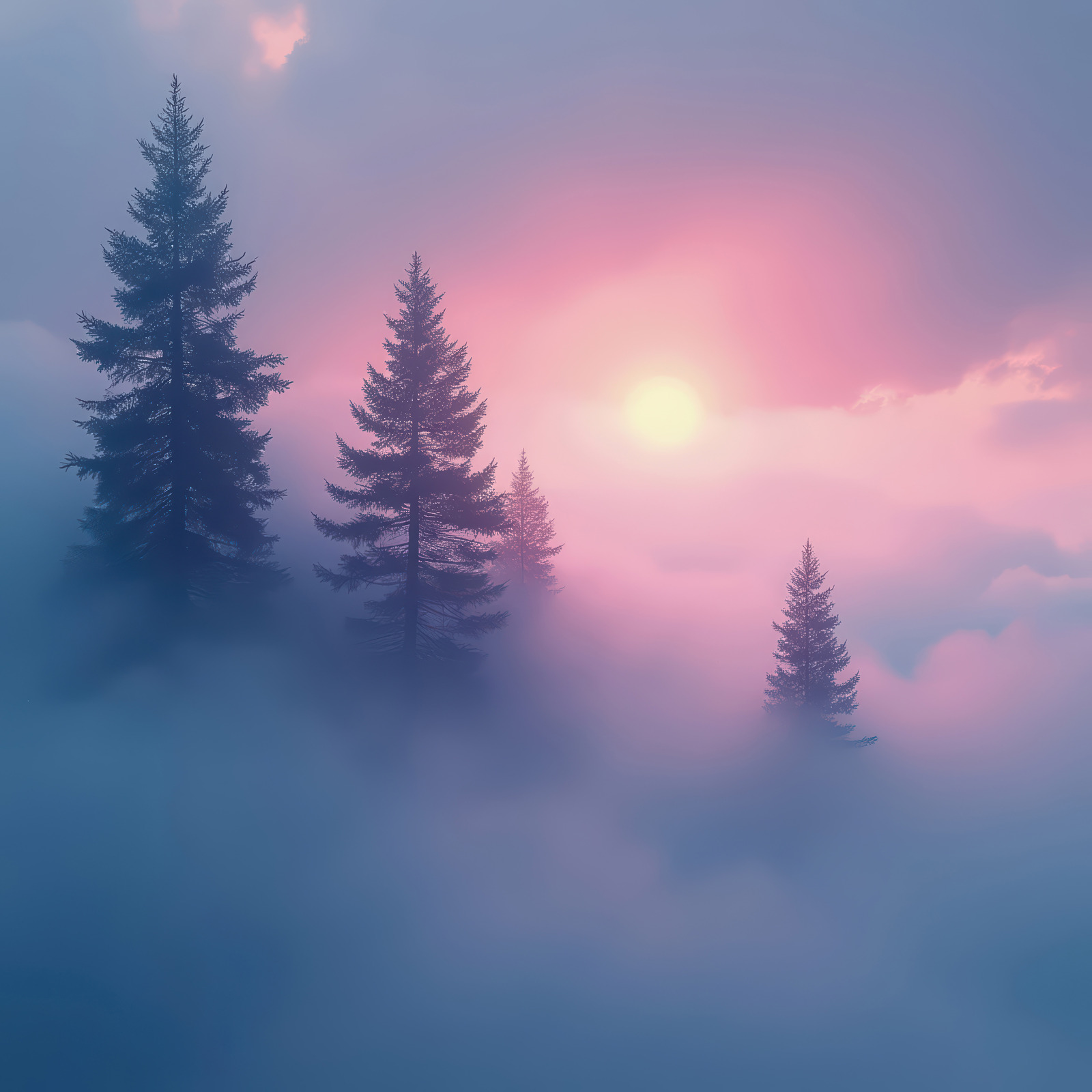 Dawn blushes pink and lavender over misty pine silhouettes.