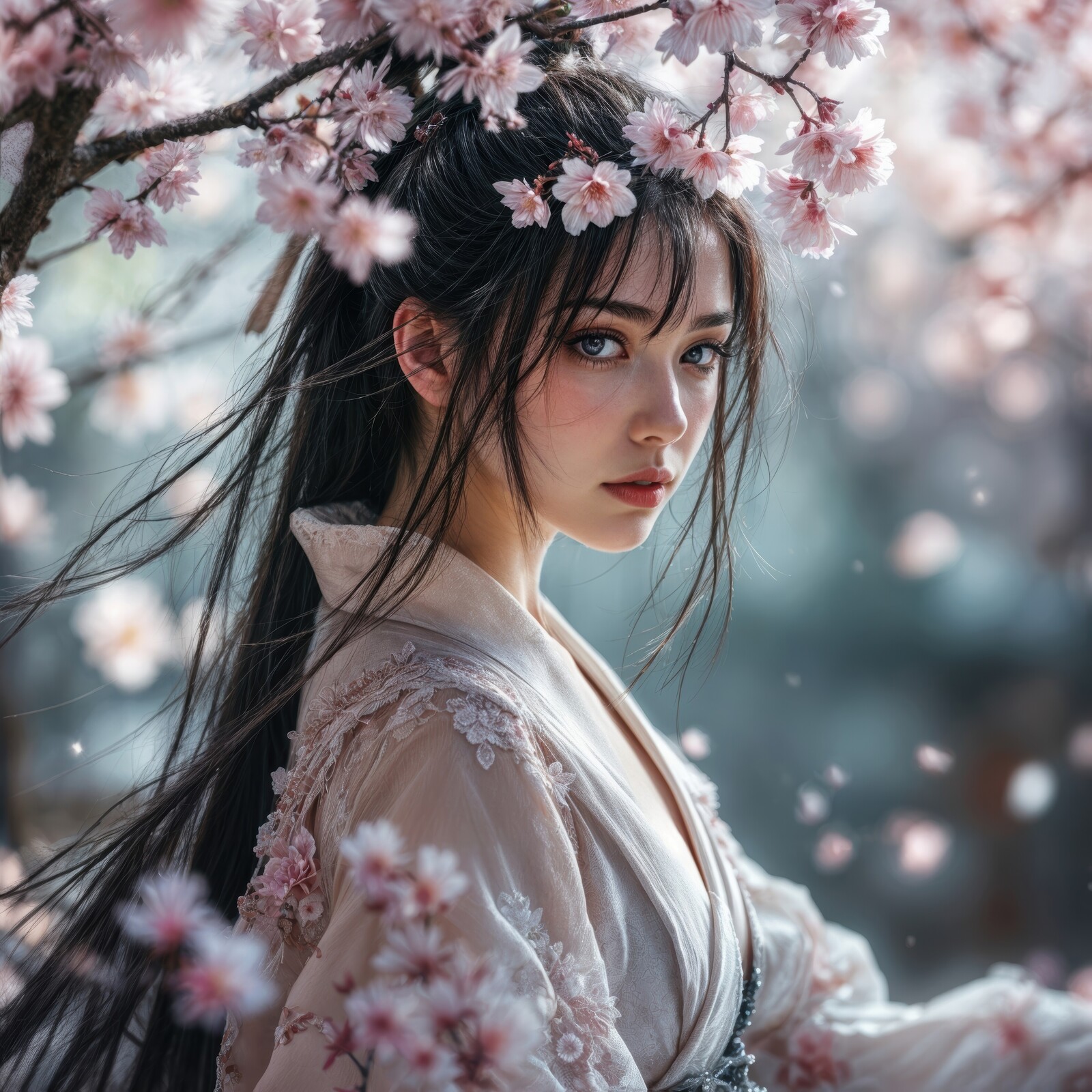 Cherry blossoms frame a tranquil figure bathed in filtered sunlight.