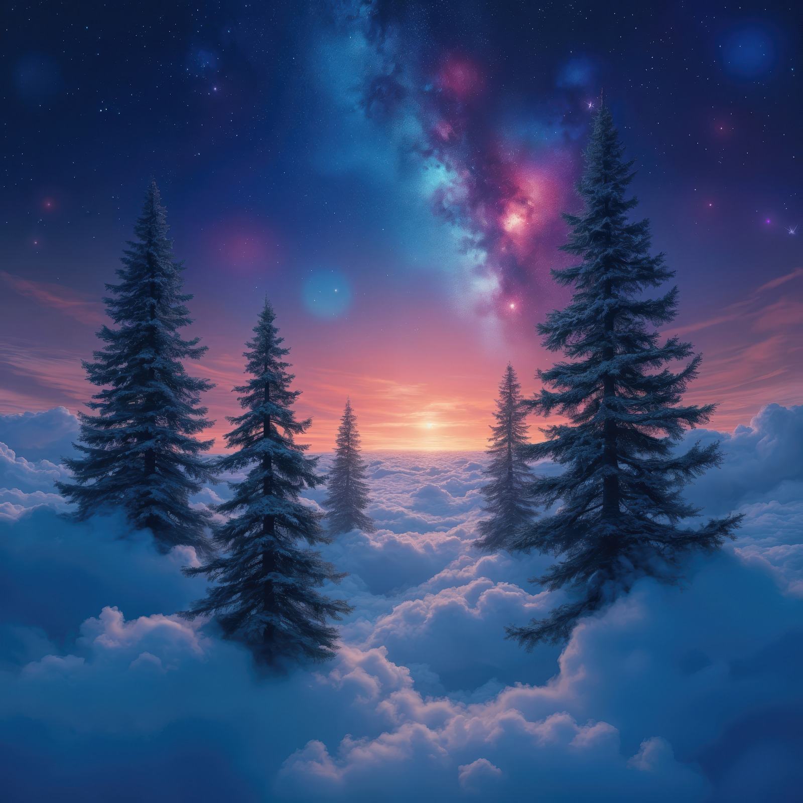 Stars pierce purple-orange twilight above cloud-drowned treetops.