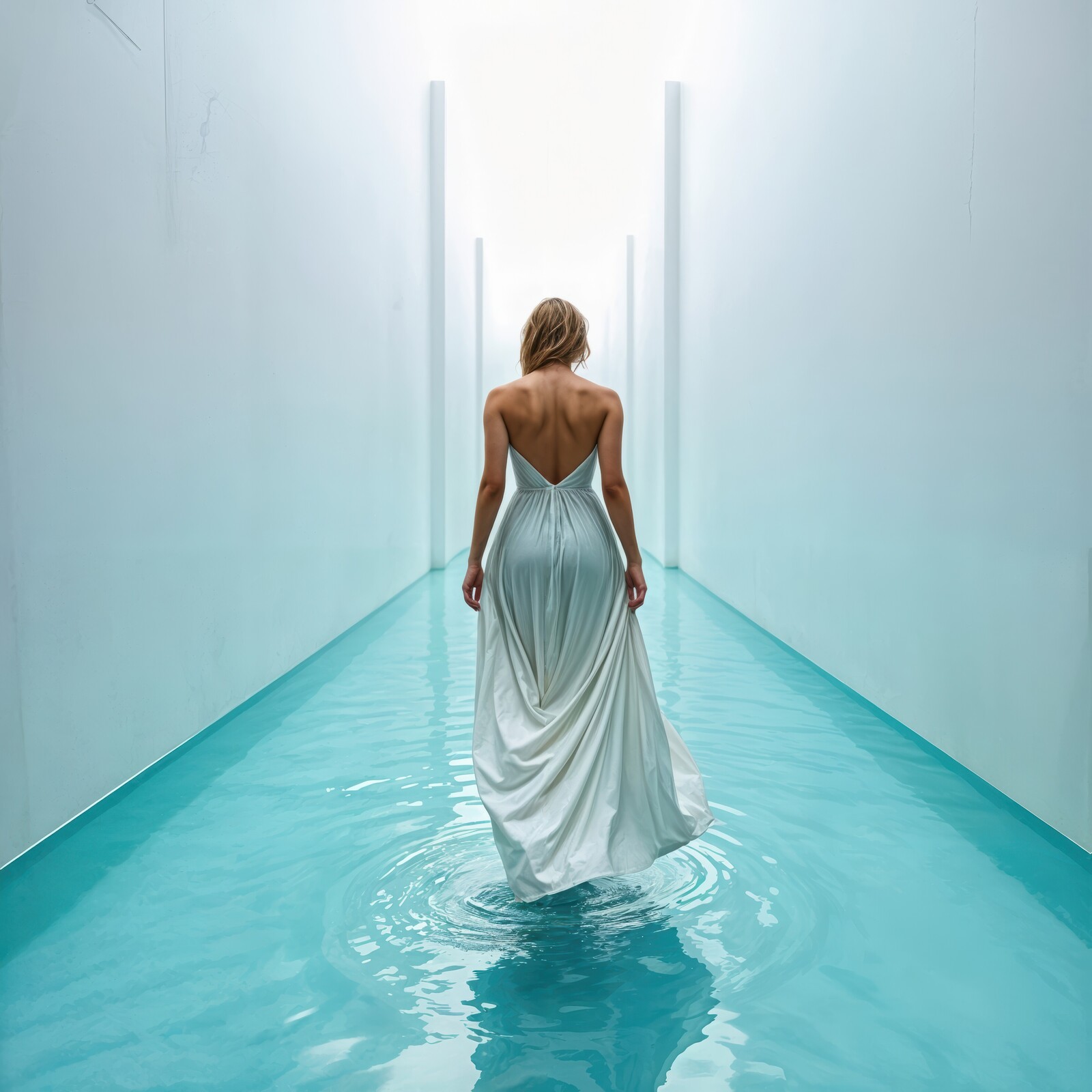 A white-dressed traveler glides through a mirror-smooth water hallway.